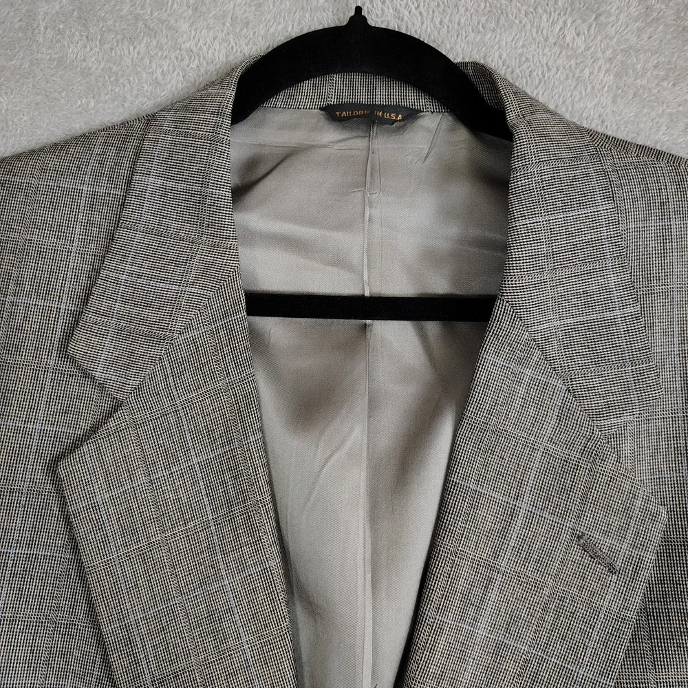 Austin Reed Gray Windowpane Plaid Sport Coat Blazer‎ 44R Worsted Wool Neutral